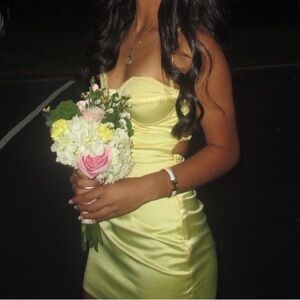 Beginning Boutique Trouble Yellow Satin Mini Dress